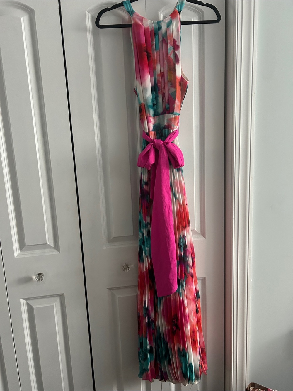 Eliza J Pink Teal Floral Pleated Maxi Dress